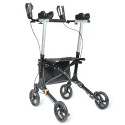 Upright rollator walker with forearm supports and large wheels.