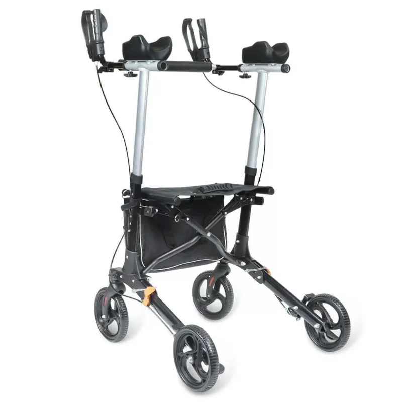 Upright rollator walker with forearm supports and large wheels.