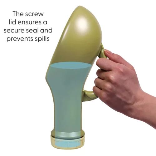 Hand holding a portable urinal with a screw lid.