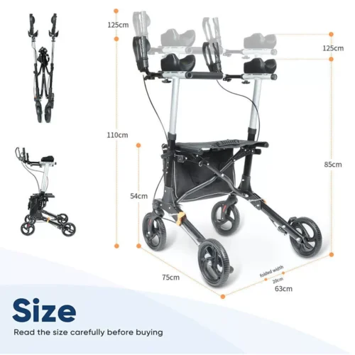 Upright rollator walker with dimensions labeled.