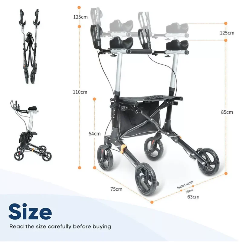 Upright rollator walker with dimensions labeled.