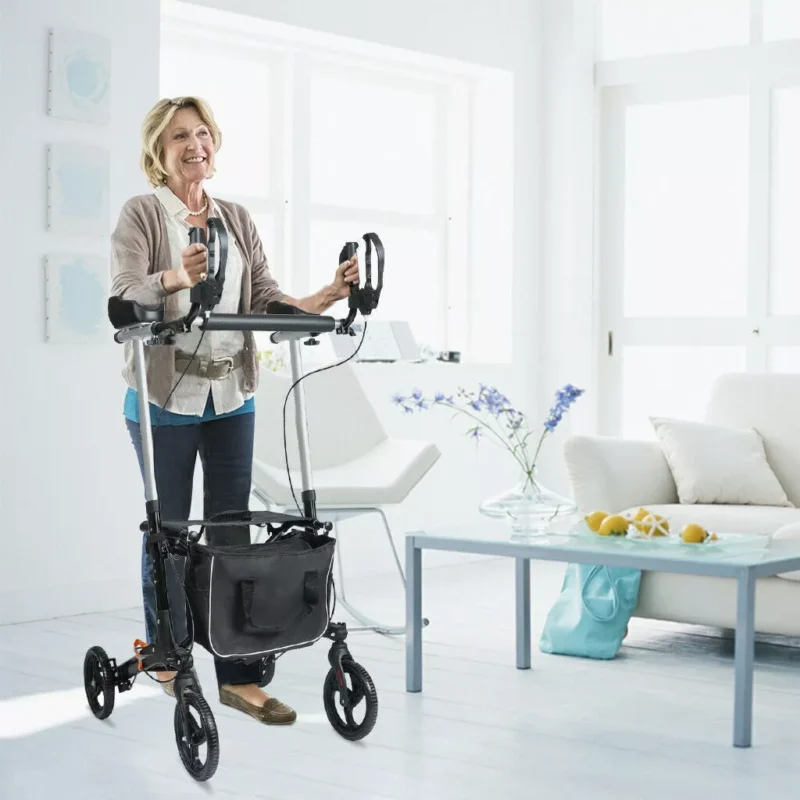 Elderly woman using a mobility walker with forearm support in a bright living room.