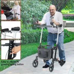 Elderly man using an upright rollator walker with forearm support outdoors.