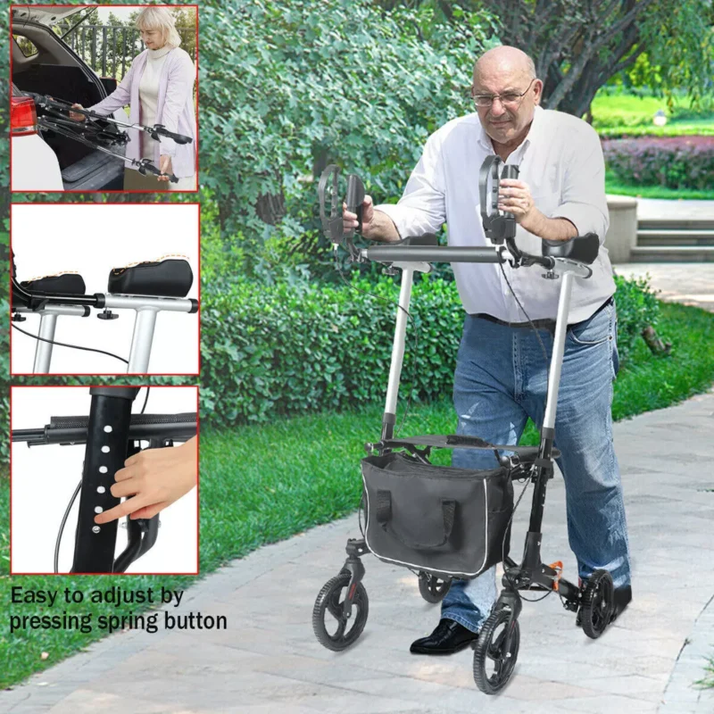 Elderly man using an upright rollator walker with forearm support outdoors.
