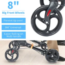 Mobility walker with large 8-inch front wheels and a person walking.