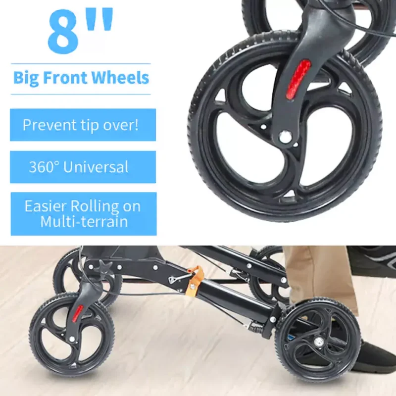 Mobility walker with large 8-inch front wheels and a person walking.