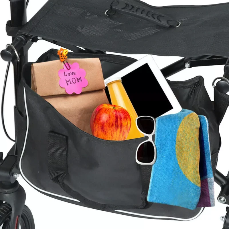 Close-up of rollator walker storage with personal items.
