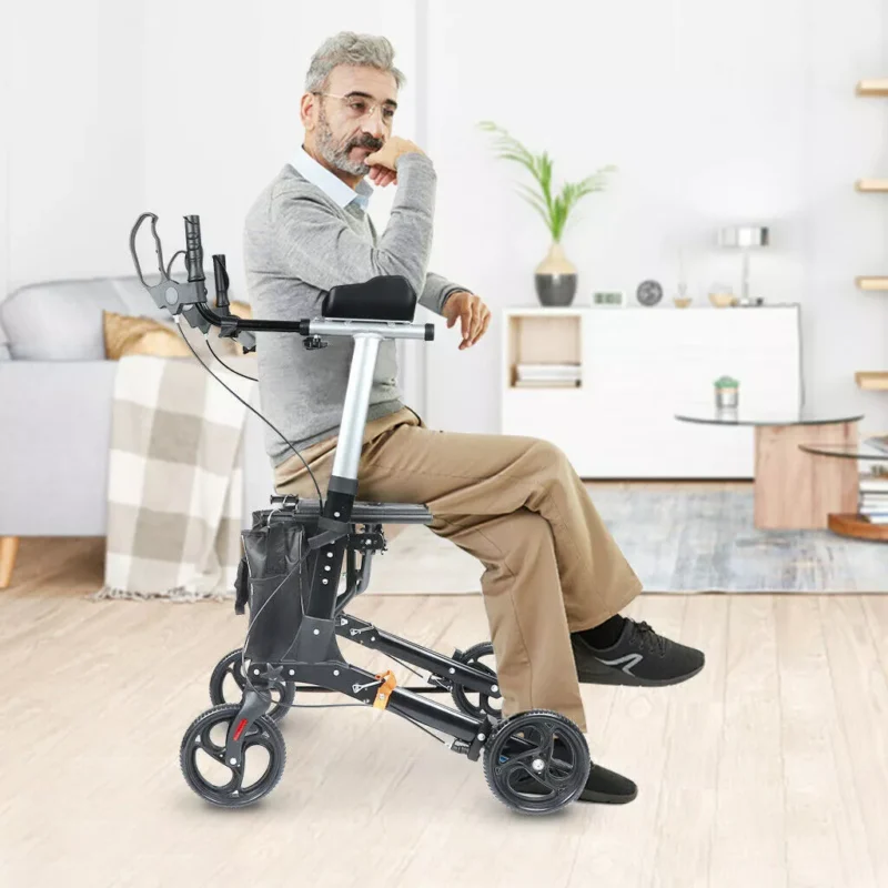 Man seated on an upright rollator walker in a living room setting.