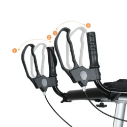 Close-up of forearm support handles on a mobility walker.