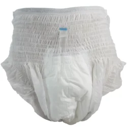 White adult pull-up pants with elastic waistband.