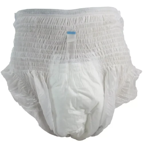 White adult pull-up pants with elastic waistband.