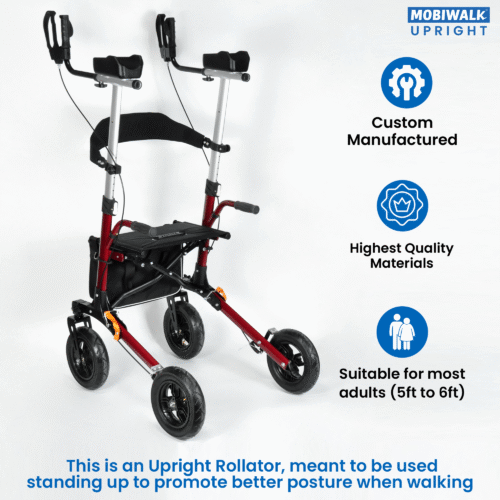 MobiWalk Upright Walker with pneumatic wheels and seat.