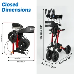 MobiWalk Upright Walker shown in folded and upright positions with dimensions.