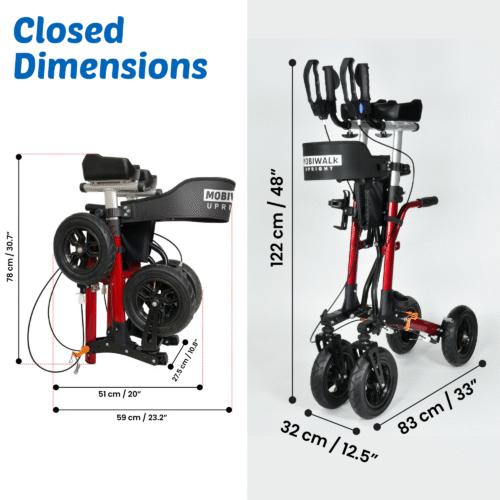 MobiWalk Upright Walker shown in folded and upright positions with dimensions.