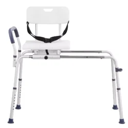 Shower transfer bench with sliding seat and adjustable legs.