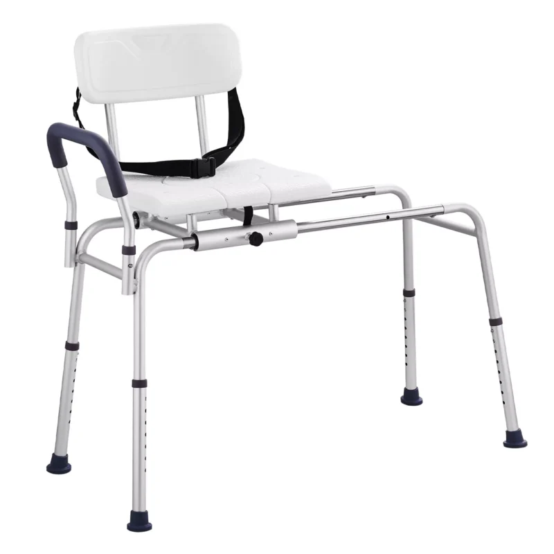 Shower transfer bench with sliding seat and adjustable legs.