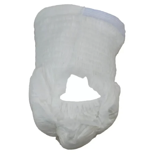 White adult pull-up pants with elastic waistband.