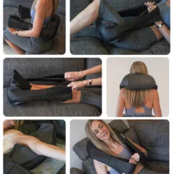 Person using a neck and shoulder massager with arm loops on a couch.