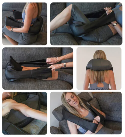 Person using a neck and shoulder massager with arm loops on a couch.