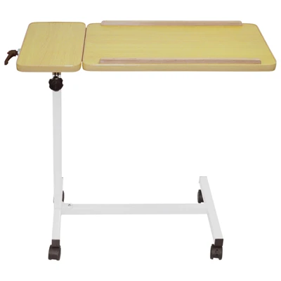Overbed table with castors and adjustable height.