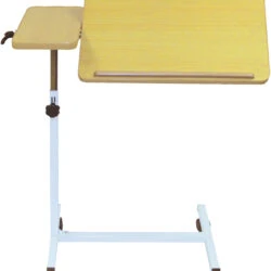 Overbed table with tilting top and smaller side table on castors.