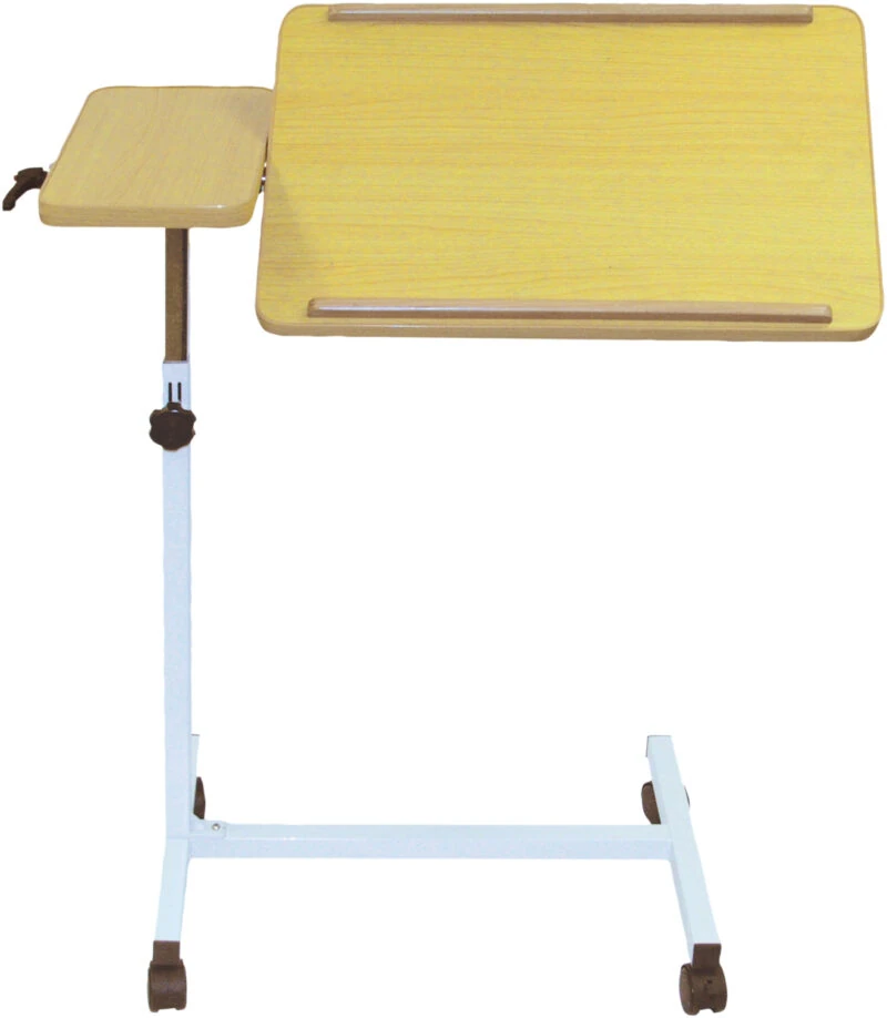 Overbed table with tilting top and smaller side table on castors.