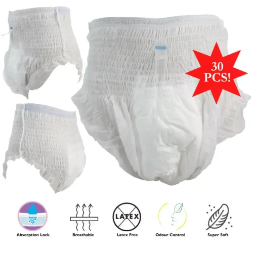 Three white adult pull-up pants with a red starburst showing '30 PCS!' and feature icons below.