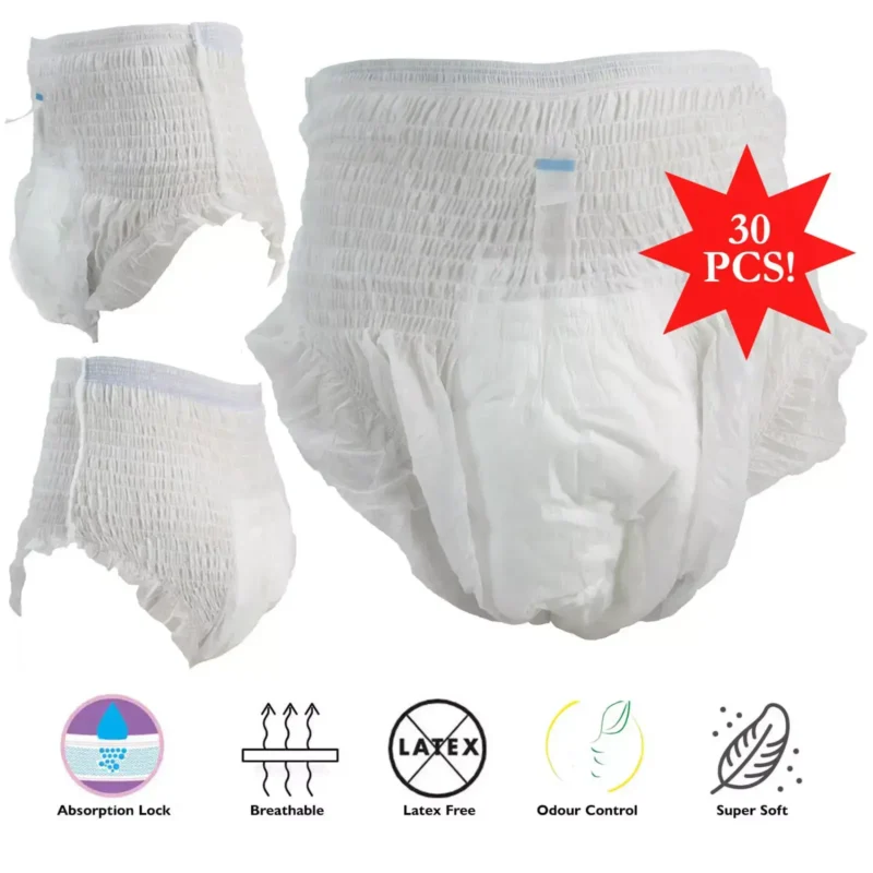 Three white adult pull-up pants with a red starburst showing '30 PCS!' and feature icons below.