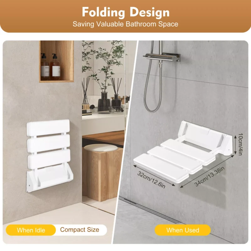Wall mounted folding shower seat in folded and unfolded positions.