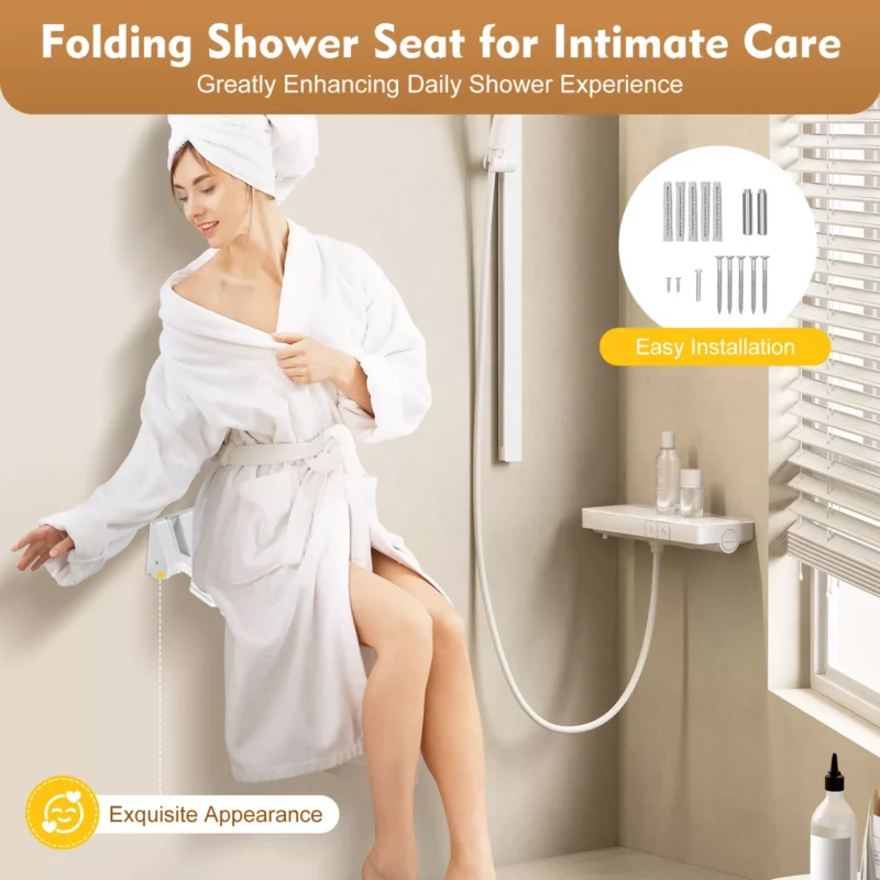 Person in a bathrobe using a wall-mounted folding shower seat.