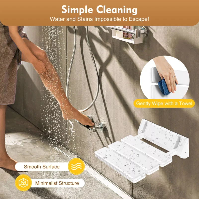 Folding shower seat mounted on a wall with water splashing.