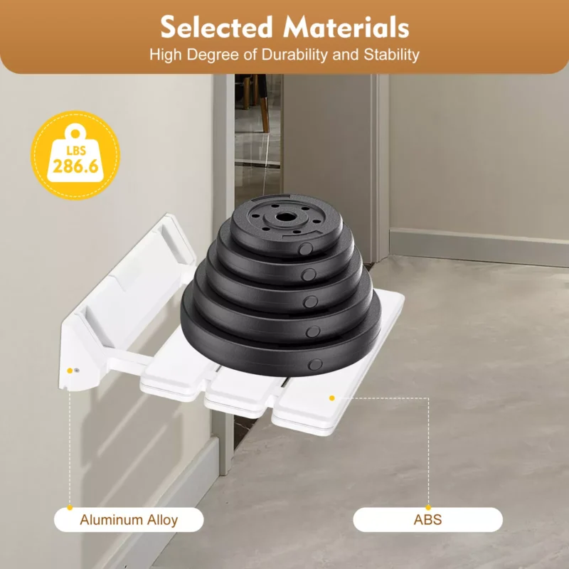 Wall mounted folding shower seat holding weights, showcasing durability.