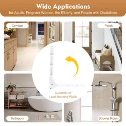 Folding shower seat shown in various home settings.