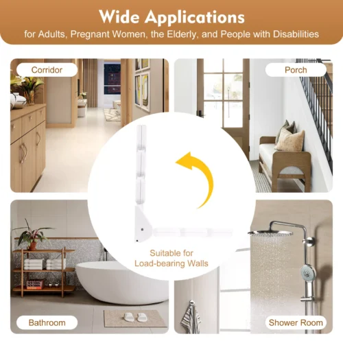 Folding shower seat shown in various home settings.