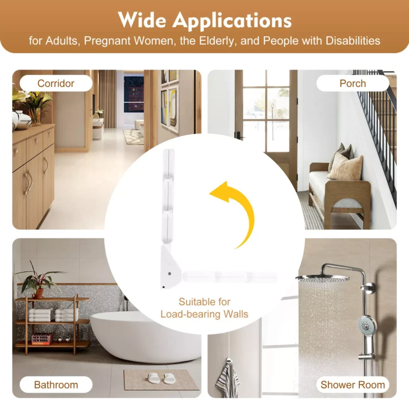 Folding shower seat shown in various home settings.