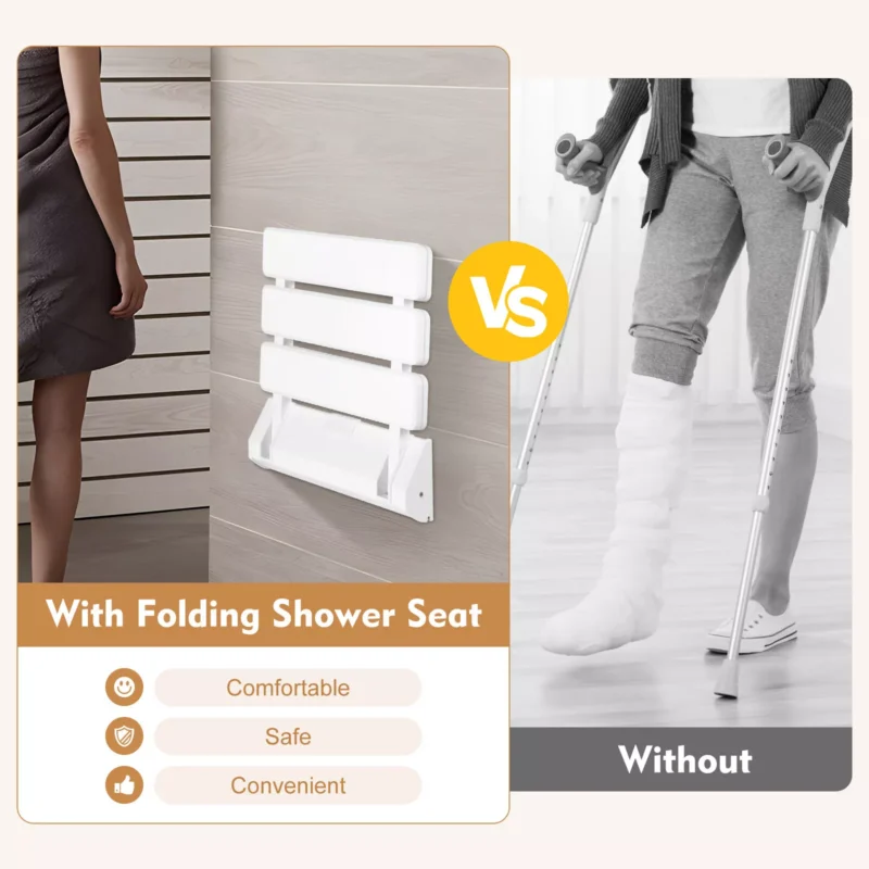 A wall-mounted folding shower seat next to a person with crutches.