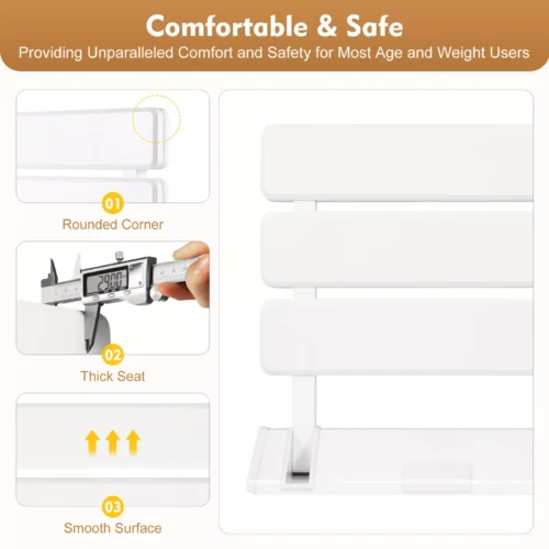 Close-up of folding shower seat with rounded corners and smooth surface.