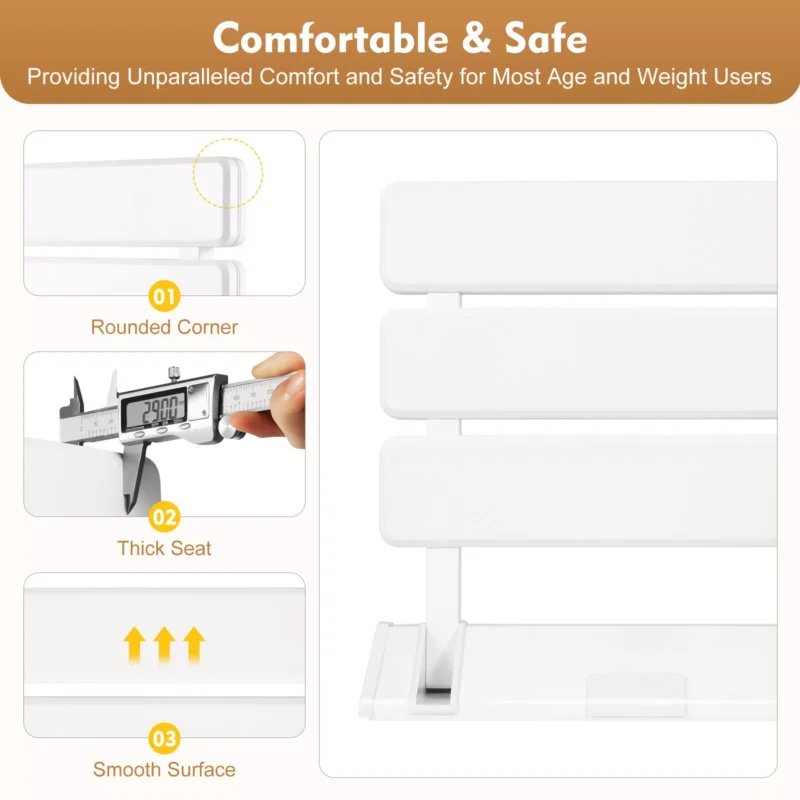 Close-up of folding shower seat with rounded corners and smooth surface.
