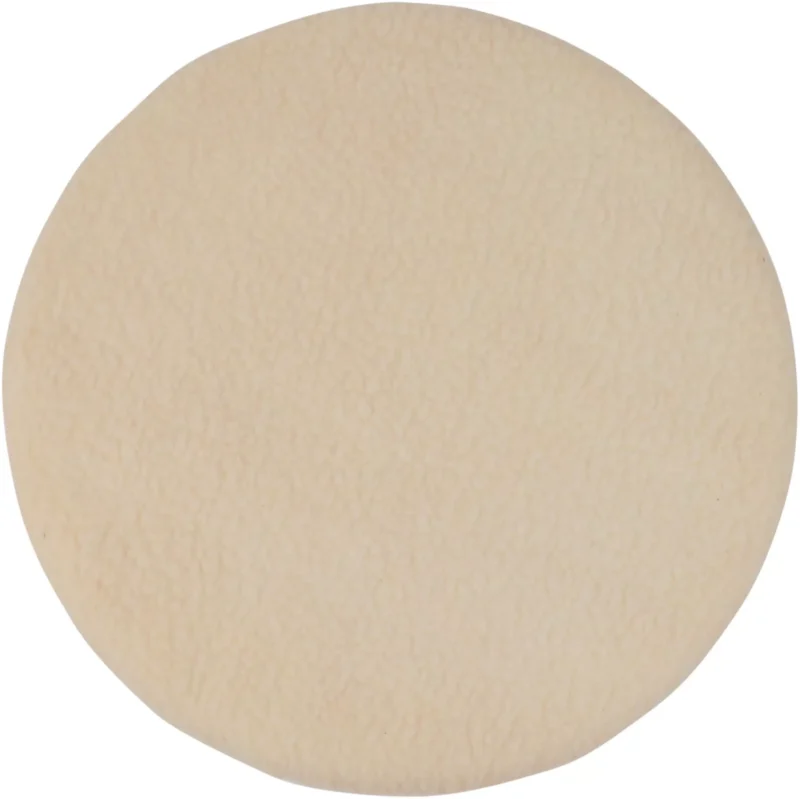 Top view of a beige, round padded swivel seat.