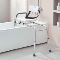 Shower transfer bench with sliding seat over a bathtub.