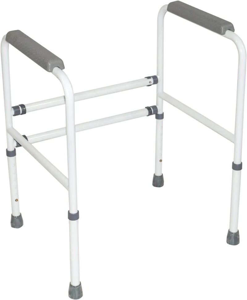 White freestanding toilet safety frame with gray armrests.
