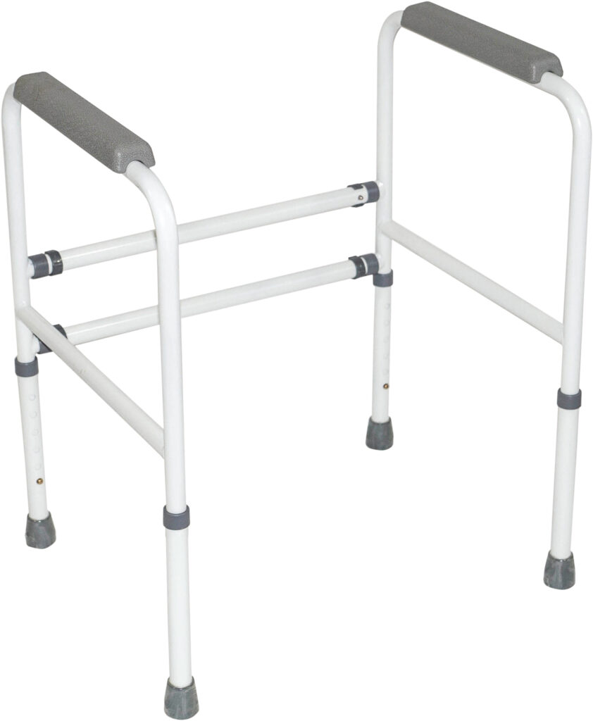 White freestanding toilet safety frame with gray armrests.