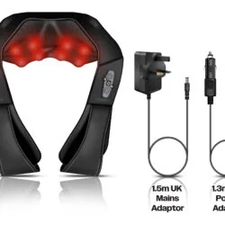 Electric neck and shoulder massager with heat, UK mains and car power adaptors.