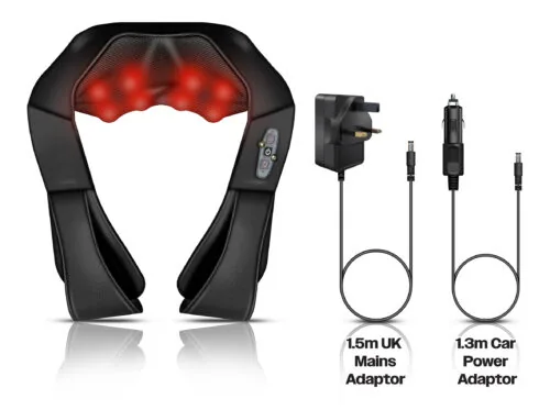 Electric neck and shoulder massager with heat, UK mains and car power adaptors.