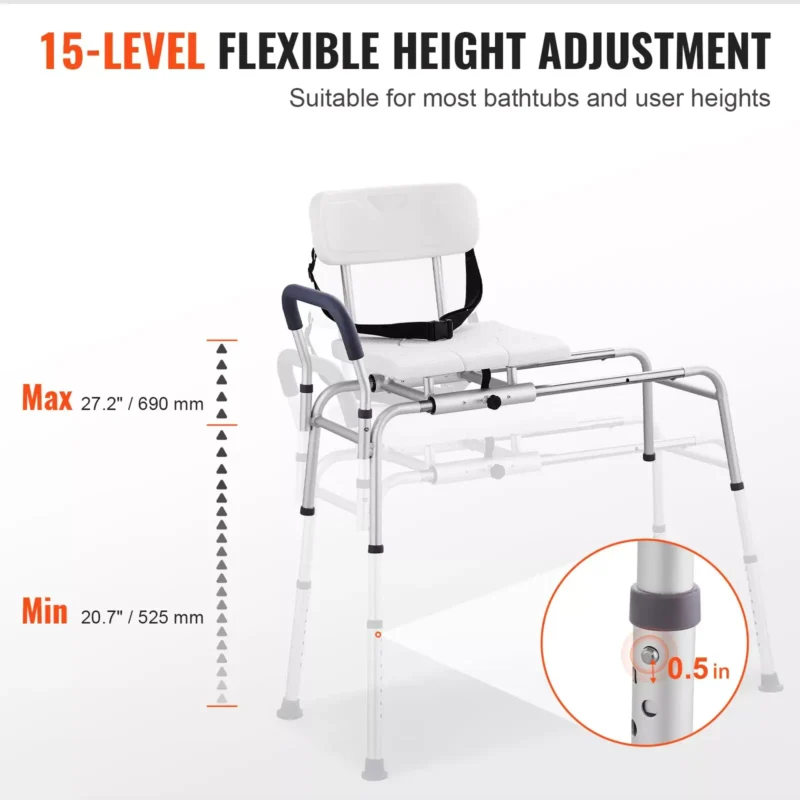 Shower transfer bench with adjustable height feature.