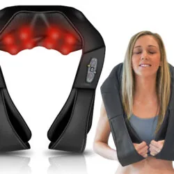 Woman using a neck and shoulder massager with visible controls and red heating lights.