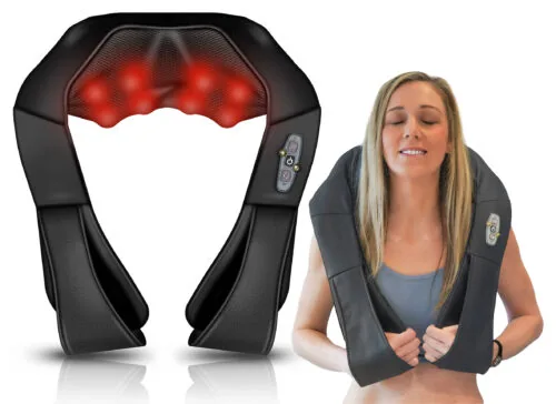 Woman using a neck and shoulder massager with visible controls and red heating lights.