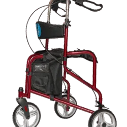 Red folding tri walker with seat and storage pockets.