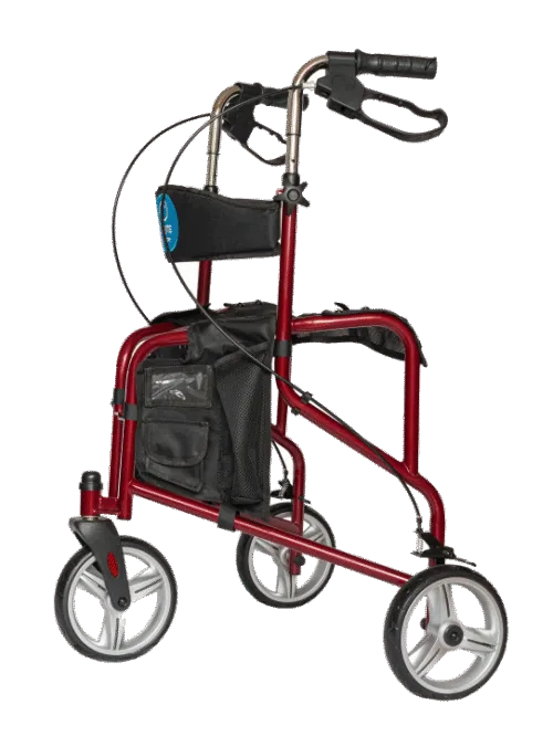 Red folding tri walker with seat and storage pockets.