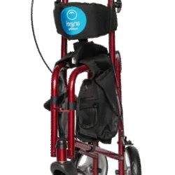 Red folding tri walker with a seat and storage pockets.